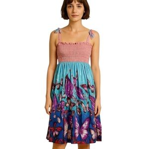 447-Butterfly and flower print dress with adjustable straps and elastic waist